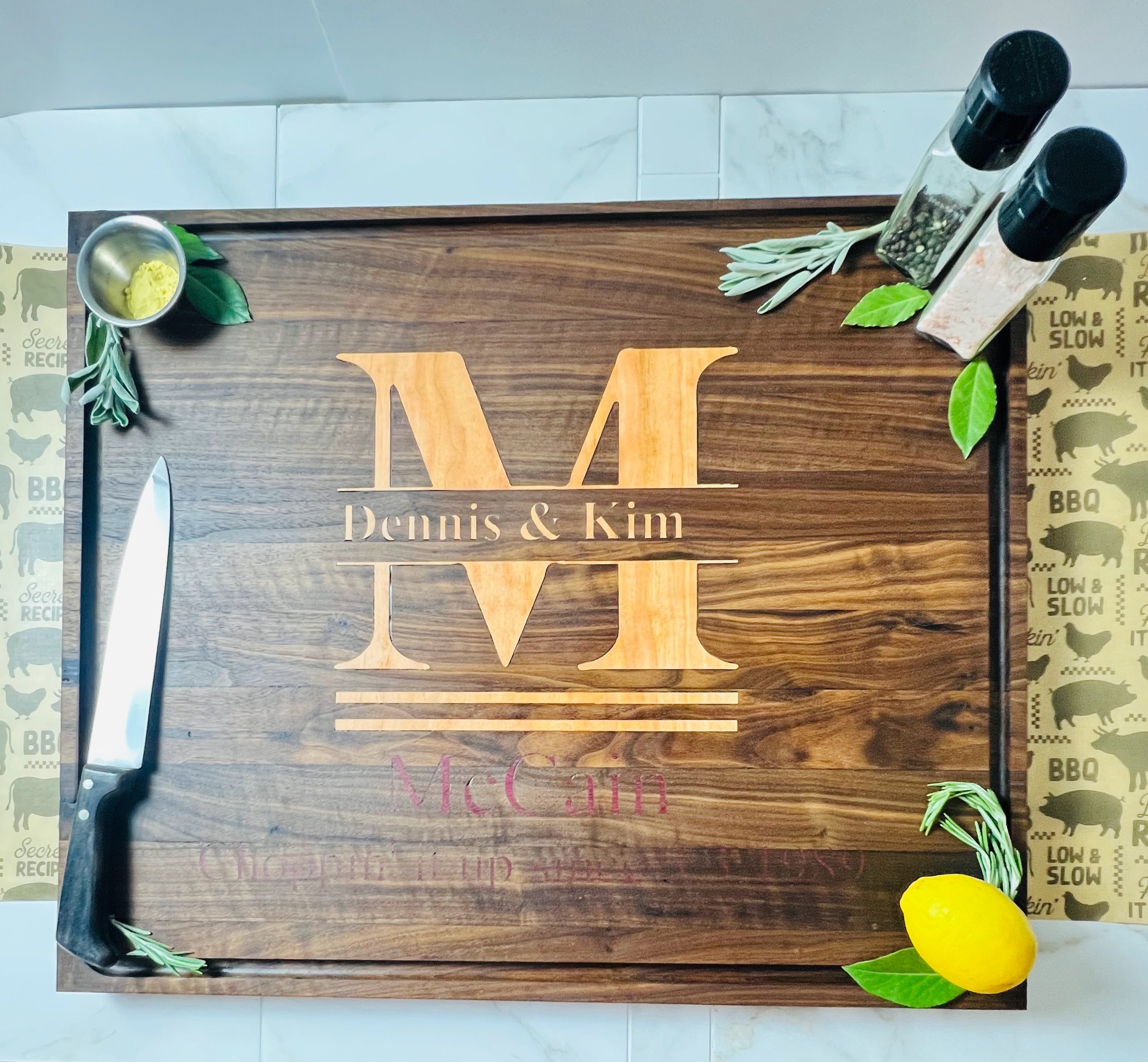 Personalized Walnut Cutting Board with Cherry and Purple Heart Inlay