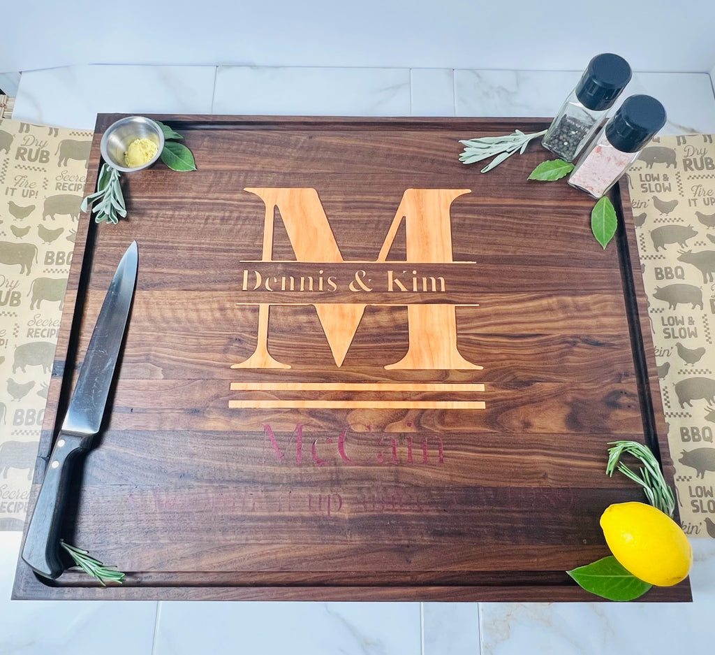 Personalized Walnut Cutting Board with Cherry and Purple Heart Inlay